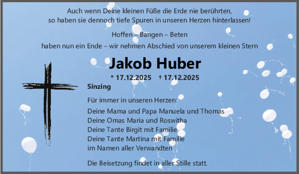  Traueranzeige für Jakob Huber vom 20.12.2025 aus Mittelbayerische Zeitung Regensburg