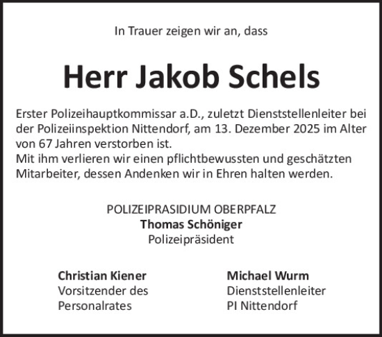 Traueranzeige von Jakob Schels von Mittelbayerische Zeitung Regensburg