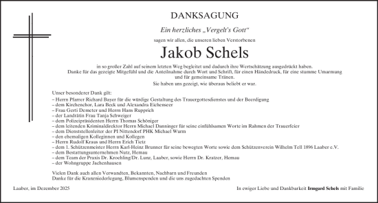 Traueranzeige von Jakob Schels von Mittelbayerische Zeitung Regensburg