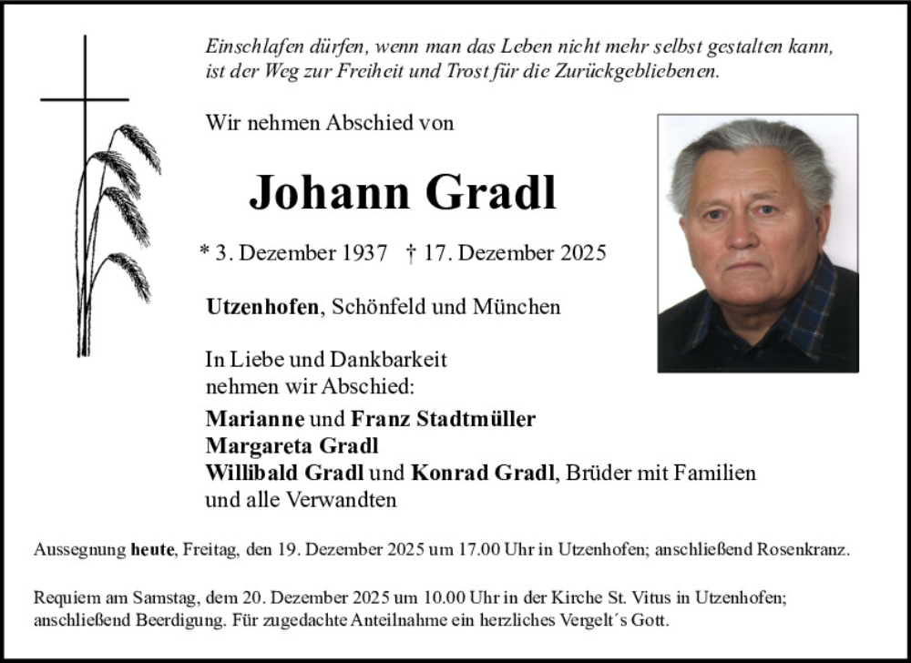  Traueranzeige für Johann Gradl vom 19.12.2025 aus Neumarkter Tagblatt