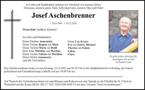 Traueranzeige von Josef Aschenbrenner von Bayerwald Echo