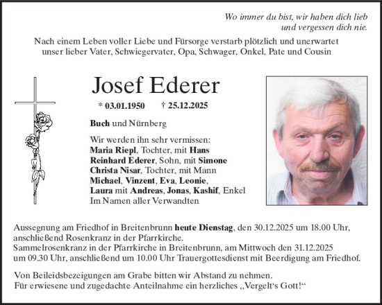 Traueranzeige von Josef Ederer von Neumarkter Tagblatt
