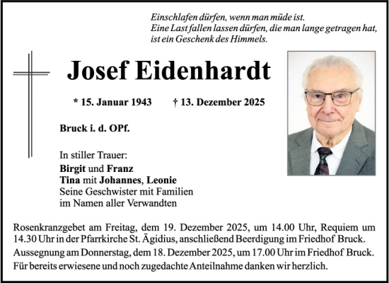 Traueranzeige von Josef Eidenhardt von Mittelbayerische Zeitung Schwandorf