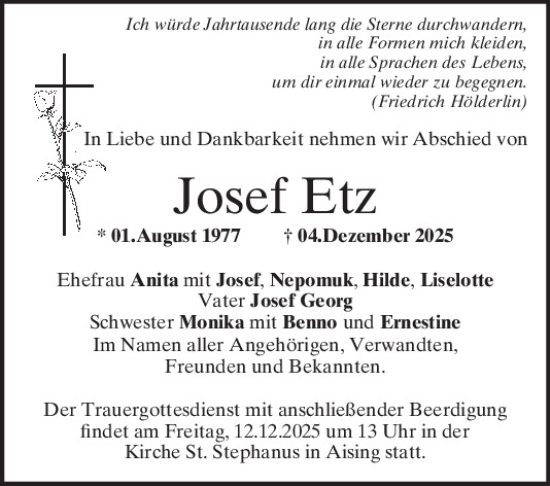 Traueranzeige von Josef Etz von Neumarkter Tagblatt