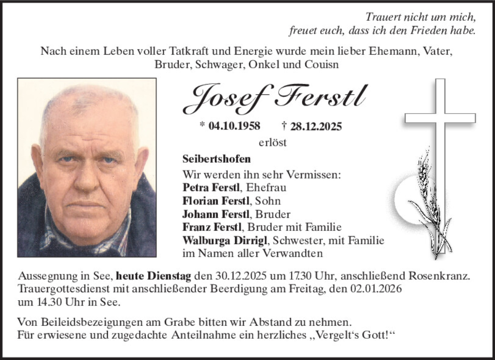  Traueranzeige für Josef Ferstl vom 30.12.2025 aus Neumarkter Tagblatt
