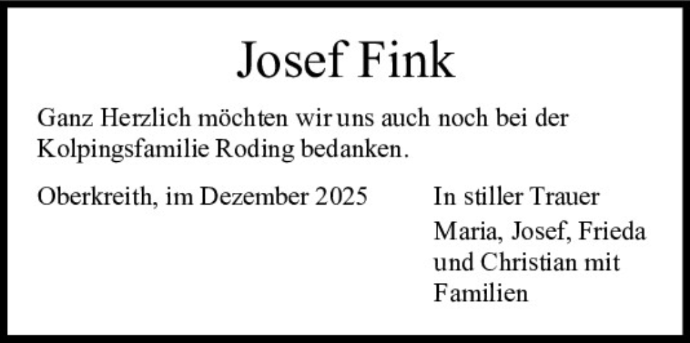  Traueranzeige für Josef Fink vom 19.12.2025 aus Bayerwald Echo