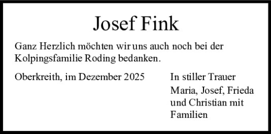 Traueranzeige von Josef Fink von Bayerwald Echo