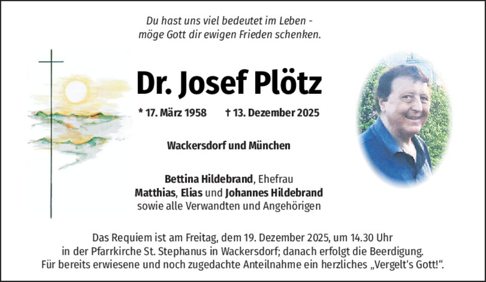  Traueranzeige für Josef Plötz vom 17.12.2025 aus Mittelbayerische Zeitung Schwandorf