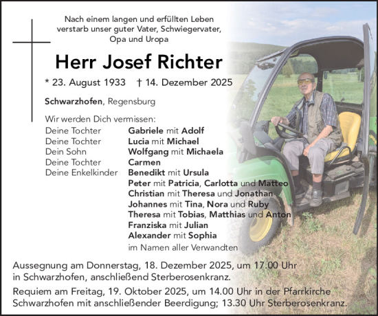 Traueranzeige von Josef Richter von Mittelbayerische Zeitung Schwandorf