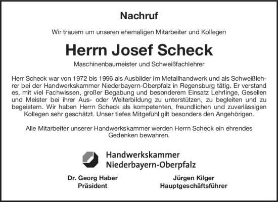 Traueranzeige von Josef Scheck von Mittelbayerische Zeitung Regensburg