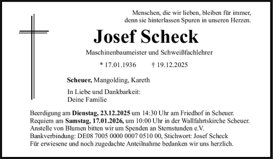 Traueranzeige von Josef Scheck von Mittelbayerische Zeitung Regensburg
