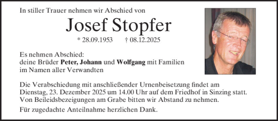 Traueranzeige von Josef Stopfer von Mittelbayerische Zeitung Regensburg