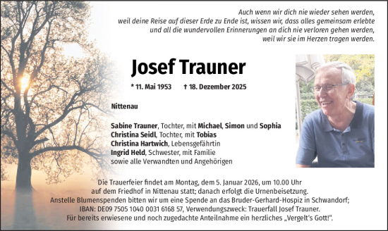 Traueranzeige von Josef Trauner von Mittelbayerische Zeitung Schwandorf