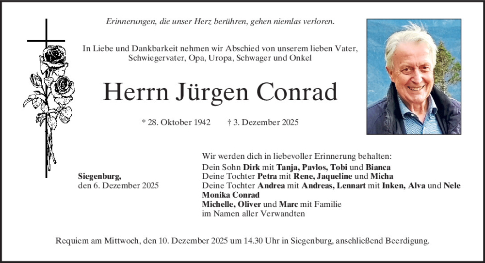  Traueranzeige für Jürgen Conrad vom 06.12.2025 aus Mittelbayerische Zeitung Kelheim
