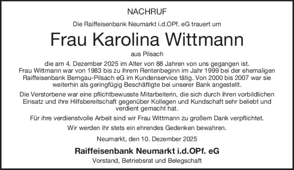  Traueranzeige für Karolina Wittmann vom 11.12.2025 aus Neumarkter Tagblatt