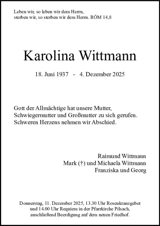 Traueranzeige von Karolina Wittmann von Neumarkter Tagblatt