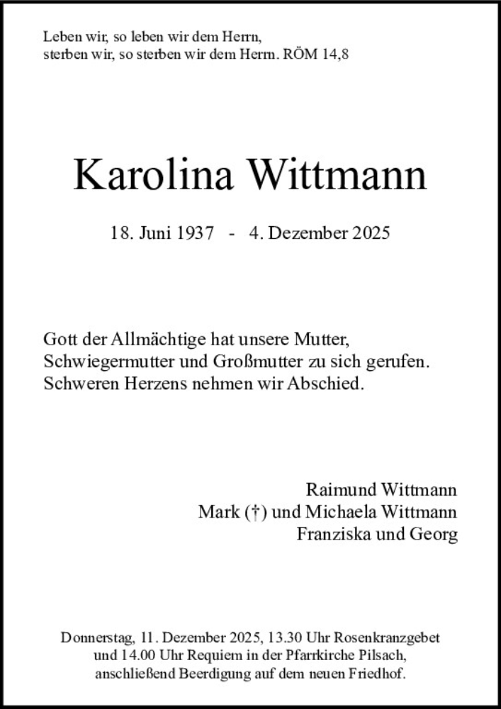  Traueranzeige für Karolina Wittmann vom 09.12.2025 aus Neumarkter Tagblatt
