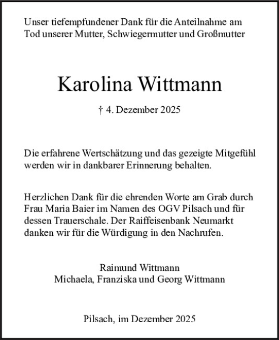 Traueranzeige von Karolina Wittmann von Neumarkter Tagblatt