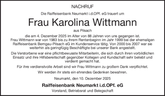 Traueranzeige von Karolina Wittmann von Neumarkter Tagblatt