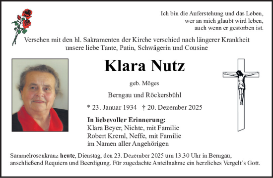 Traueranzeige von Klara Nutz von Neumarkter Tagblatt