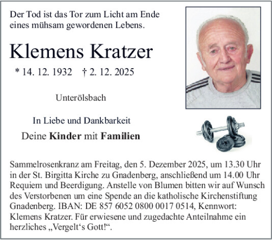 Traueranzeige von Klemens Kratzer von Neumarkter Tagblatt