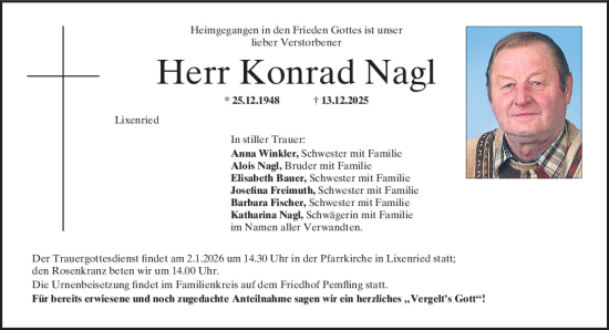 Traueranzeige von Konrad Nagl von Bayerwald Echo