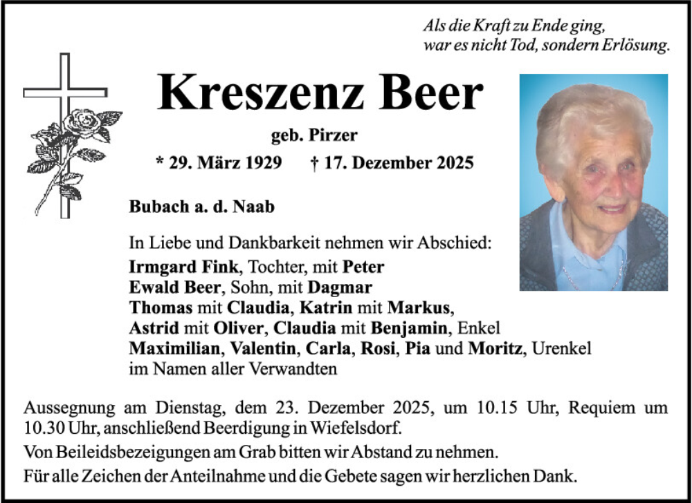  Traueranzeige für Kreszenz Beer vom 20.12.2025 aus Mittelbayerische Zeitung Schwandorf