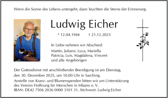 Traueranzeige von Ludwig Eicher von Mittelbayerische Zeitung Regensburg