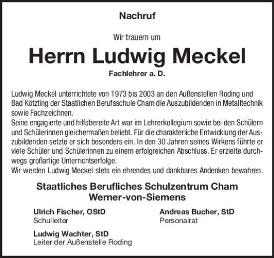 Traueranzeige von Ludwig Meckel von Bayerwald Echo