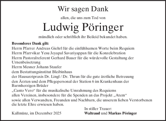 Traueranzeige von Ludwig Pöringer von Mittelbayerische Zeitung Regensburg