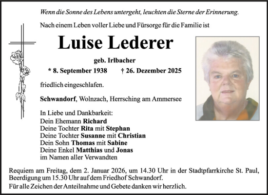Traueranzeige von Luise Lederer von Mittelbayerische Zeitung Schwandorf