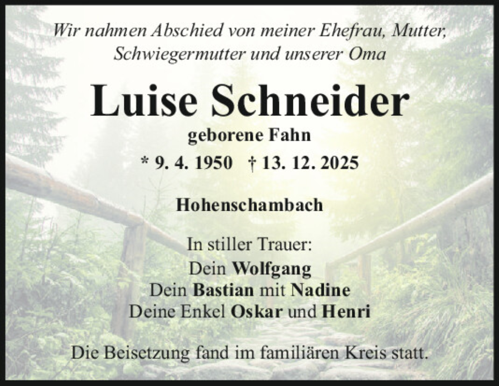  Traueranzeige für Luise Schneider vom 23.12.2025 aus Mittelbayerische Zeitung Regensburg
