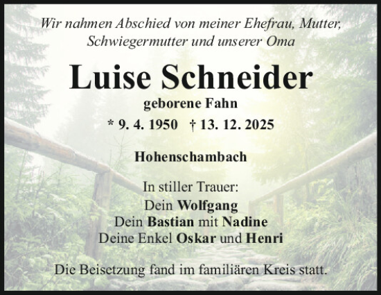 Traueranzeige von Luise Schneider von Mittelbayerische Zeitung Regensburg