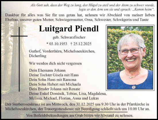 Traueranzeige von Luitgard Piendl von Bayerwald Echo