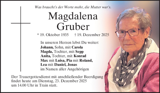 Traueranzeige von Magdalena Gruber von Mittelbayerische Zeitung Kelheim