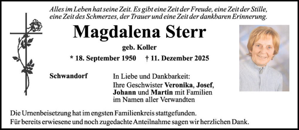  Traueranzeige für Magdalena Sterr vom 20.12.2025 aus Mittelbayerische Zeitung Schwandorf