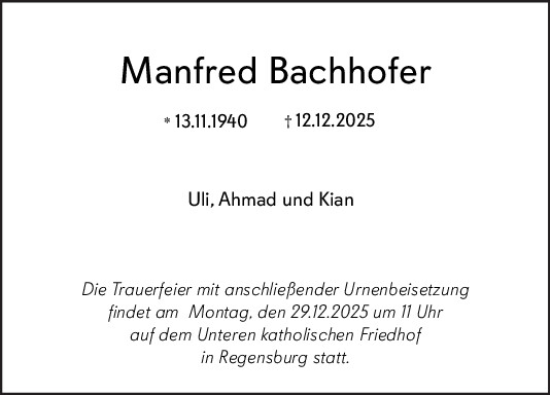 Traueranzeige von Manfred Bachhofer von Mittelbayerische Zeitung Regensburg