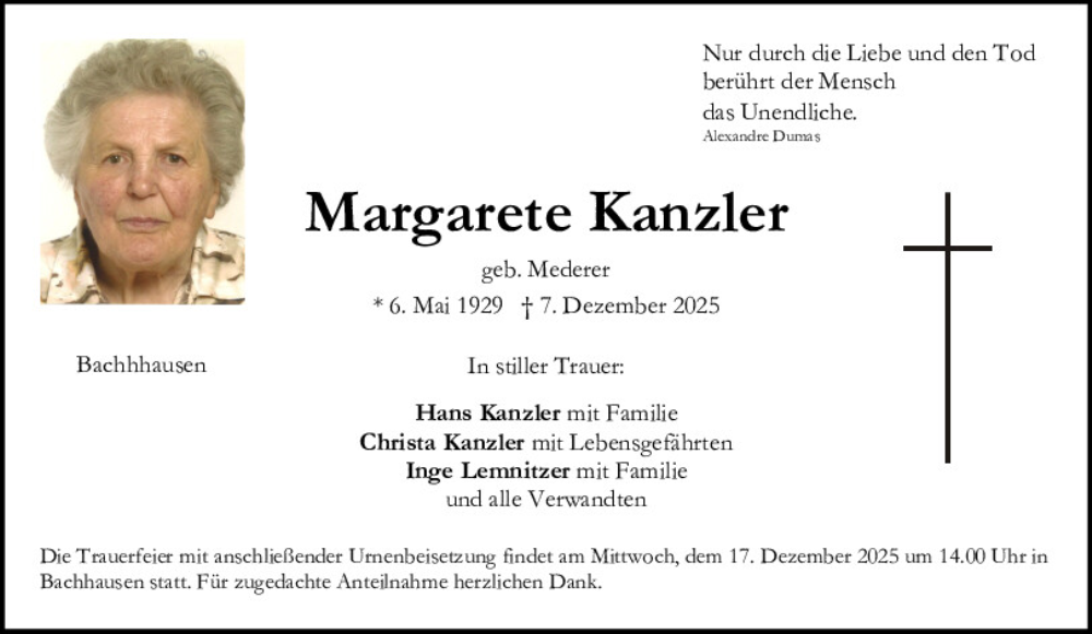  Traueranzeige für Margarete Kanzler vom 15.12.2025 aus Neumarkter Tagblatt