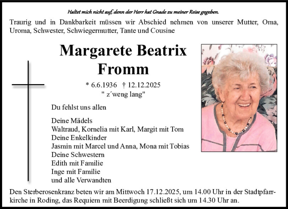  Traueranzeige für Margarete Beatrix Fromm vom 16.12.2025 aus Bayerwald Echo
