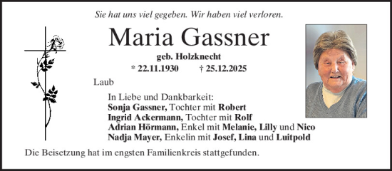 Traueranzeige von Maria Gassner von Mittelbayerische Zeitung Regensburg