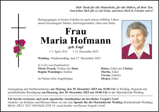 Traueranzeige von Maria Hofmann von Bayerwald Echo