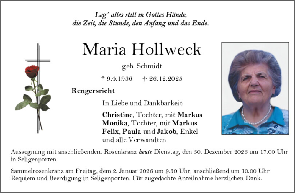  Traueranzeige für Maria Hollweck vom 30.12.2025 aus Neumarkter Tagblatt