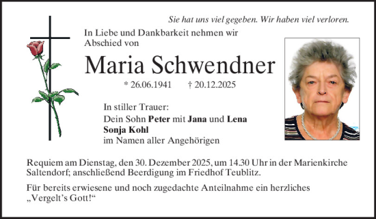 Traueranzeige von Maria Schwendner von Mittelbayerische Zeitung Schwandorf