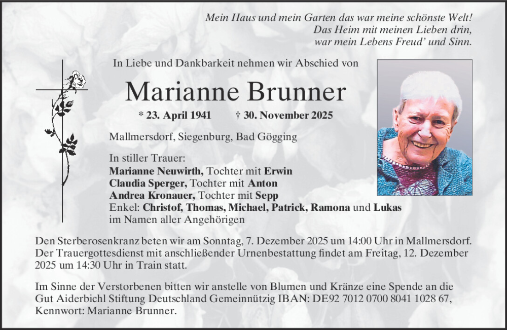  Traueranzeige für Marianne Brunner vom 06.12.2025 aus Mittelbayerische Zeitung Kelheim