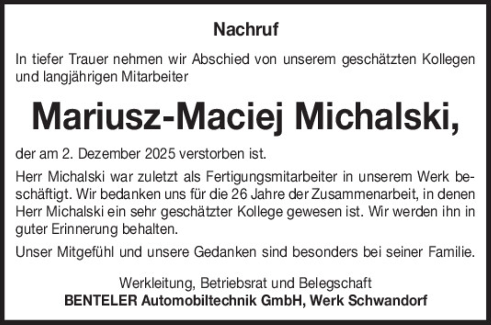 Traueranzeige für Mariusz-Maciej Michalski vom 16.12.2025 aus Mittelbayerische Zeitung Schwandorf