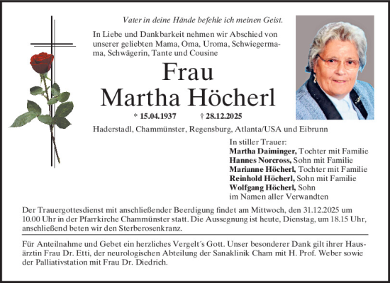 Traueranzeige von Martha Höcherl von Bayerwald Echo