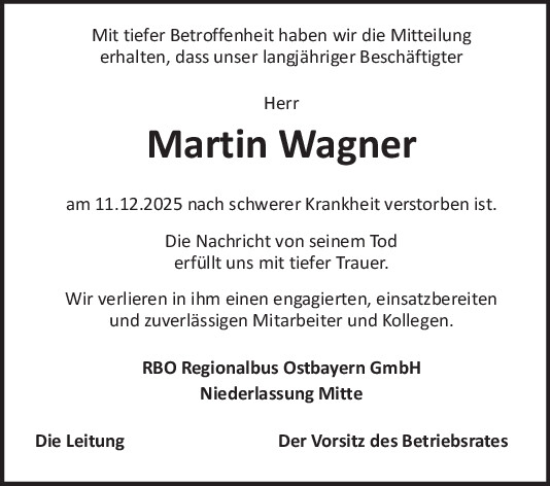 Traueranzeige von Martin Wagner von Mittelbayerische Zeitung Regensburg