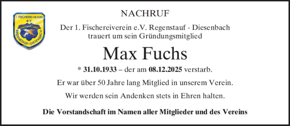  Traueranzeige für Max Fuchs vom 17.12.2025 aus Mittelbayerische Zeitung Regensburg