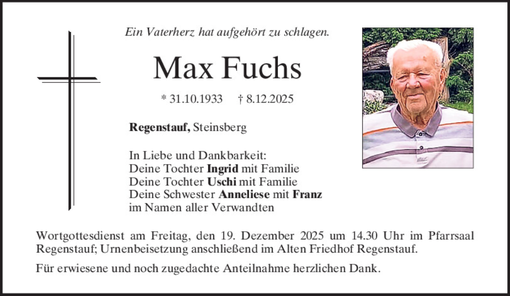  Traueranzeige für Max Fuchs vom 13.12.2025 aus Mittelbayerische Zeitung Regensburg