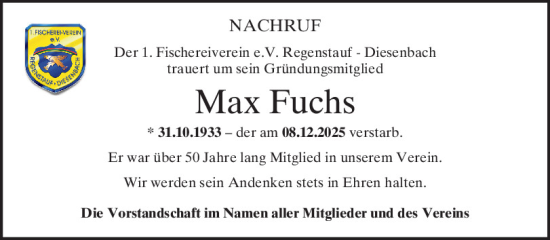 Traueranzeige von Max Fuchs von Mittelbayerische Zeitung Regensburg